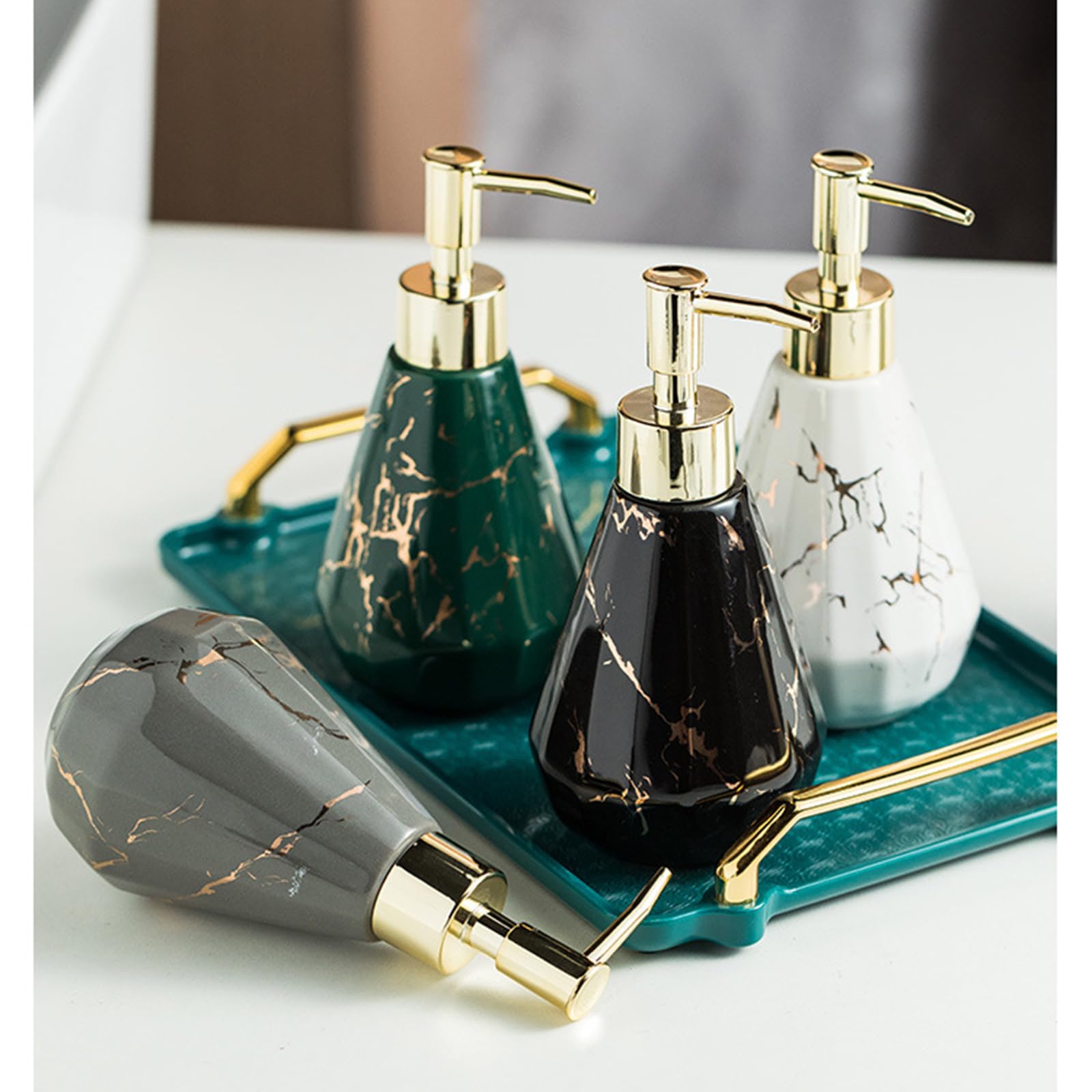 Keramik-Seifenspender mit goldener Pumpe, ovaler Marmor-Lotionspenderflasche, nachfüllbar, Hotel, WC, leer, wiederverwendbar, Badelotion, Pumpglas (schwarz, 500 ml)