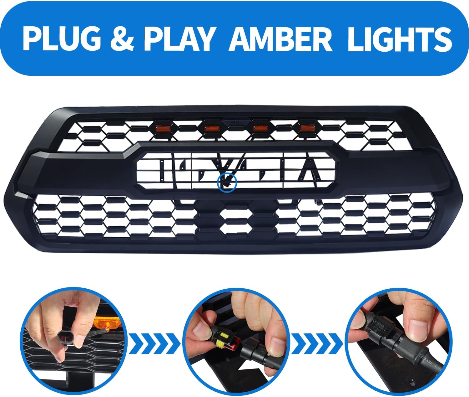 Front Grille for 2016-2023 Tacoma SR, SR5, TRD Off-Road, TRD Sport Extended Cab & Crew Cab, Front Mesh Hollow Bumper Grill with 4 Amber Led Lights Accessories, Matte Black