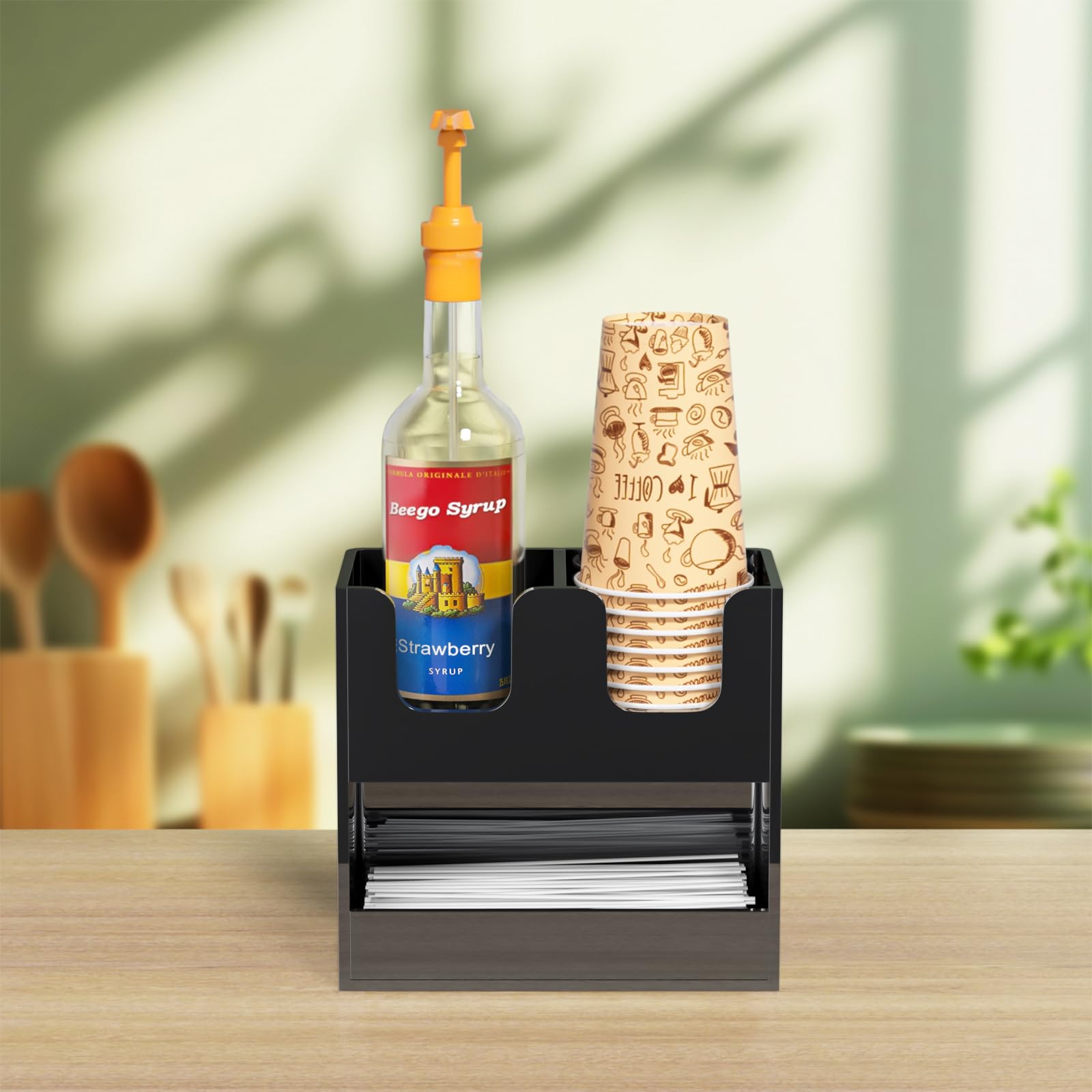 Beego Portavasos de 3 compartimentos para encimera, dispensador de tazas de acrílico negro de 2 niveles, estación de café, taza de papel y tapa, organizador de condimentos para restaurante, sala de