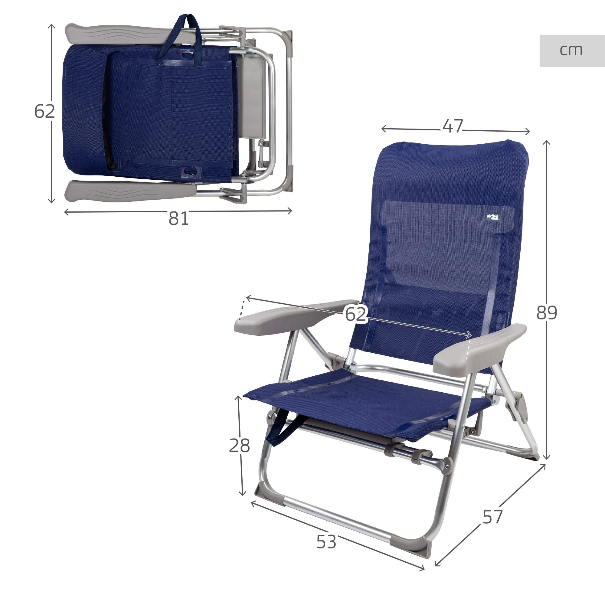 AKTIVE Confezione da 2 sedie da spiaggia pieghevoli, molto compatte, multiposizione, 6 posizioni, con cuscino e tavolo, maniglie per un facile trasporto, dimensioni 47 x 57 x 89 cm, in alluminio e