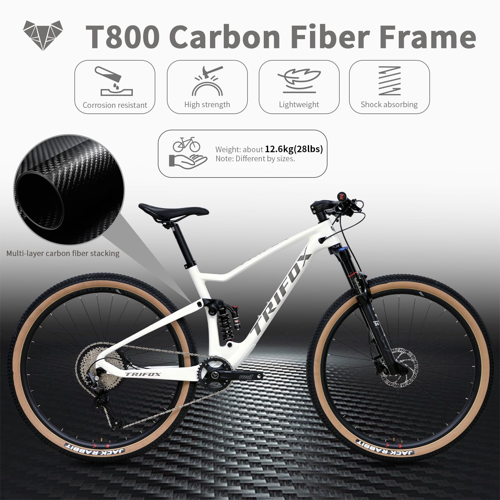 TRIFOX Carbon Full Suspension Mountain Bike with Shimano M6100 Deore Groupset 12-Speed, with Boost 29er Carbon Mountain Bike T800 Carbon Frame Carbon Integrated Bar, 140mm Travel Air Fork, Rear Shock