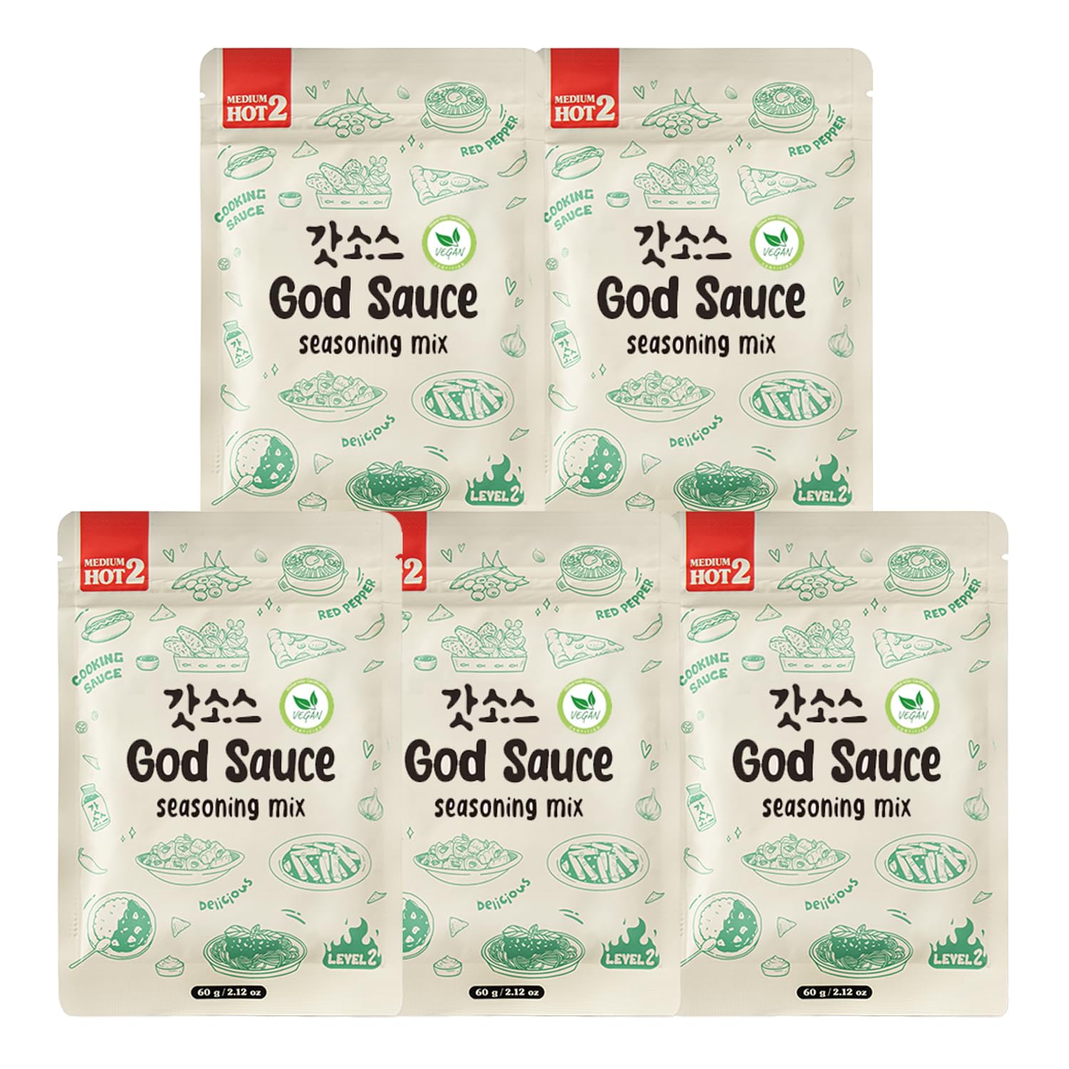 GOD SAUCE Korean Chili Powder Seasoning Mix Tteokbokki Sauce - 5 Pack Variety for All Dishes - Spicy Level 2 - Umami-Rich, Vegan, Healthy Cooking Enhancer 2.12 oz, (pack of 5) 떡볶이 소스