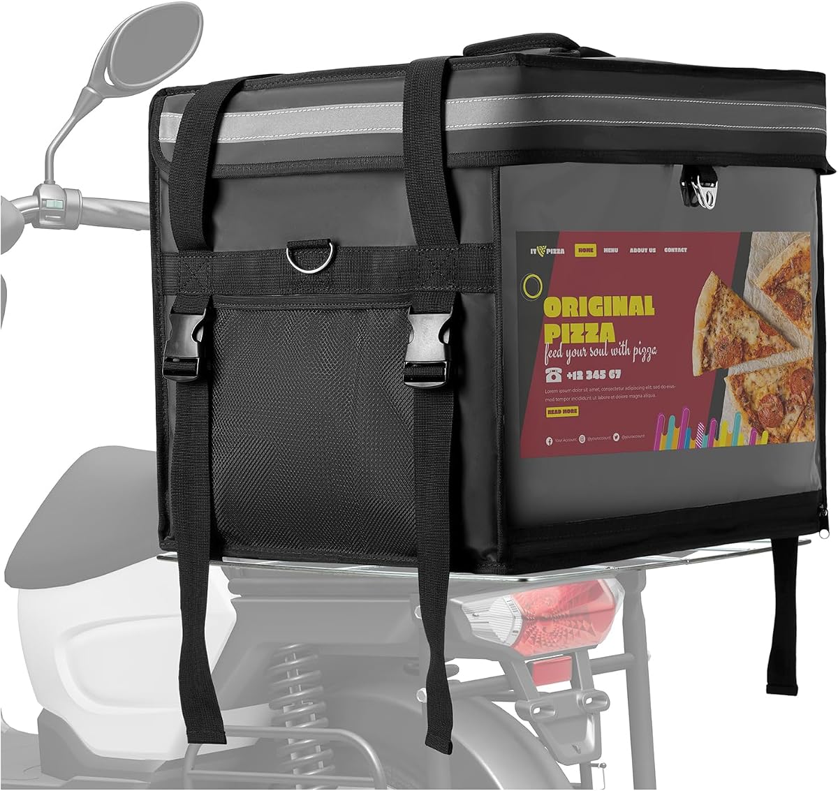 Bolsa de entrega de alimentos aislada para bicicletas eléctricas/scooters/motocicletas, bolsa de entrega impermeable con estante de transporte, perfecta para catering, restaurantes, repartidores, tablero de puertas y más, 62 L - Se adapta a caja de pizza de 14 pulgadas