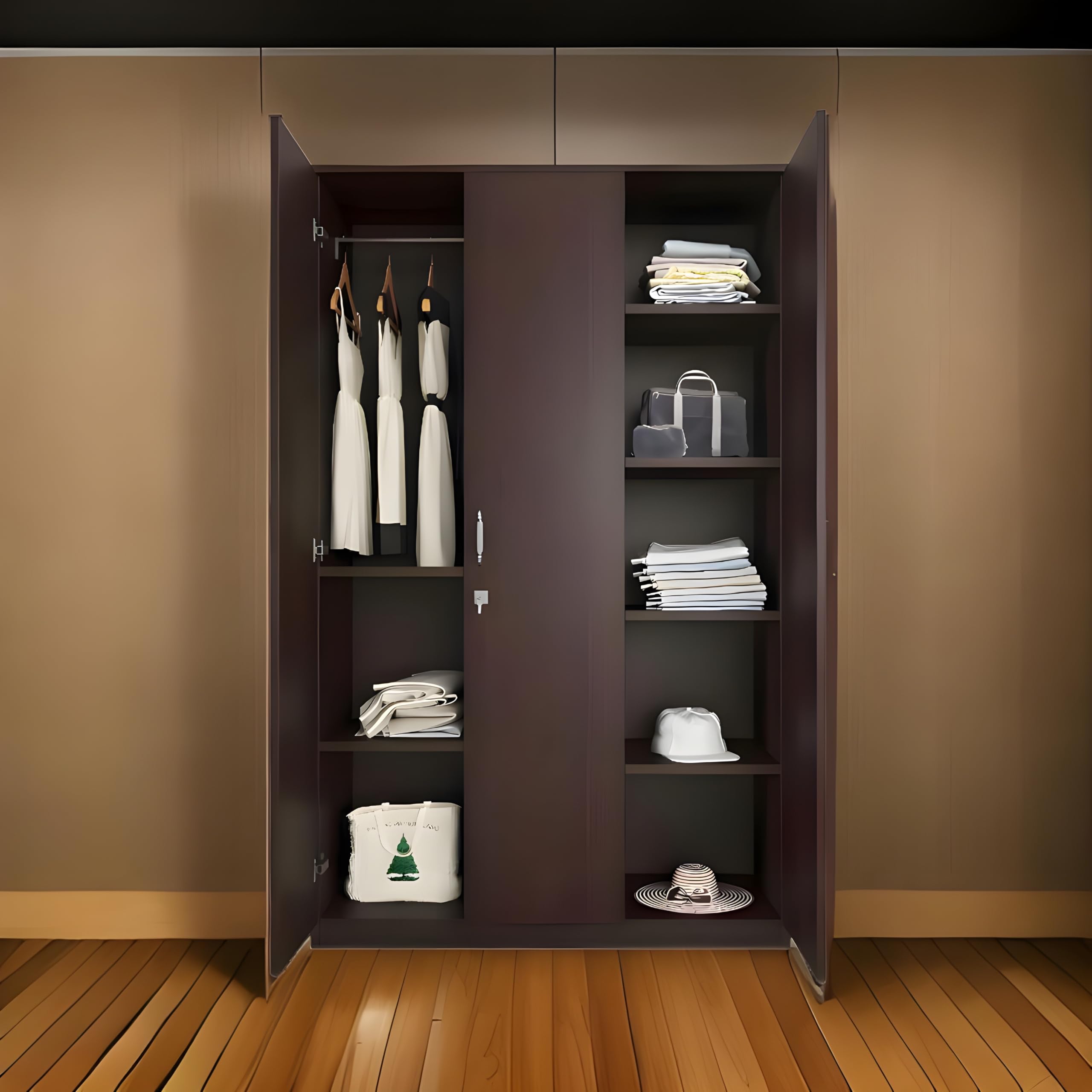 Prestige Furniture Engineered Wood 3 Door Wardrobe, 1 Hanging Rod, 6 Shelves, 1 Year Warranty, New Wenge Colour-image-2