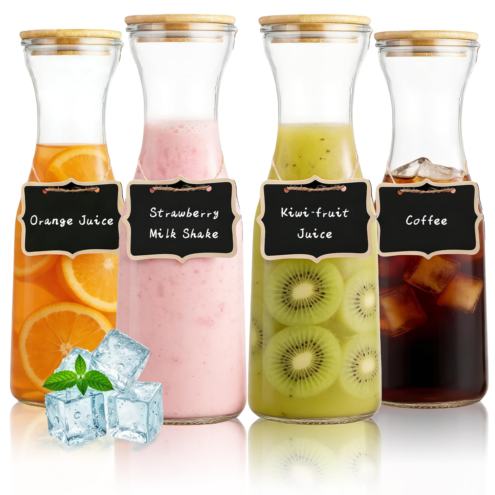 MEETOZ 4 Pack Glass Carafe Pitchers,34 Ounces/1 Liter Beverage Dispensers with Bamboo Lids and Tags,for Water, Juicing, Iced Tea, Beverage, Wine, Mimosa Bar Supplies