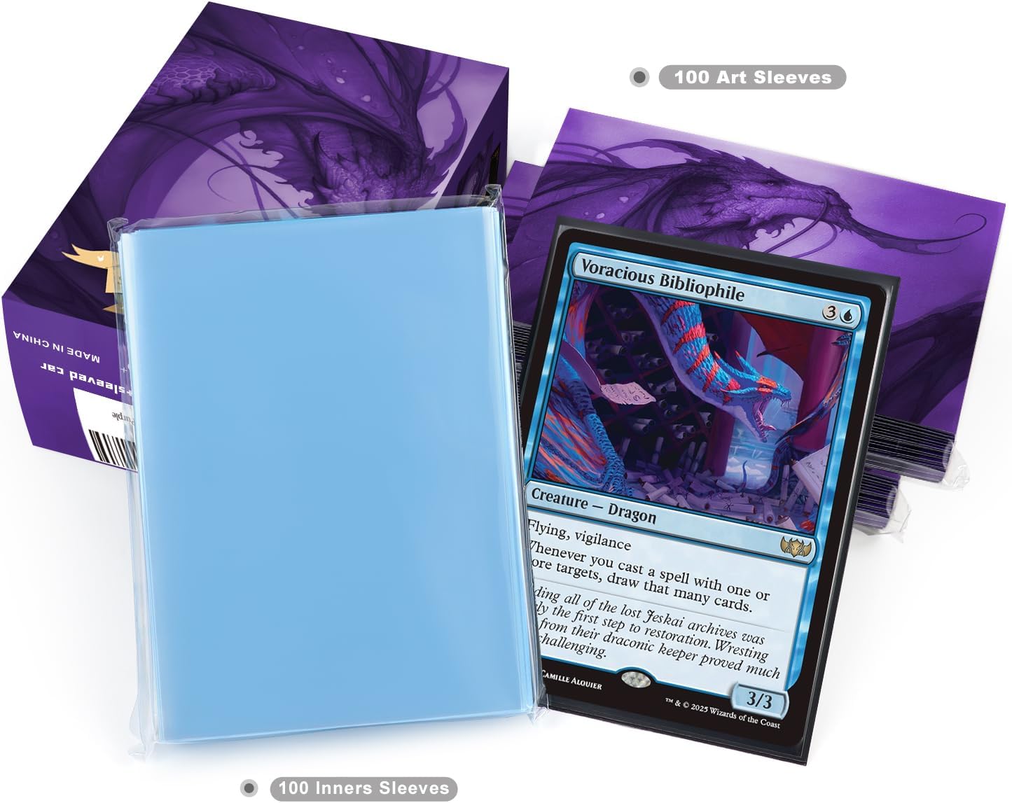 Katomula 100 Card Sleeves for MTG with 100 Inner Sleeve, Textured Back Art Sleeves, Fit Standard Size Cards (Soul Purple Dragon)