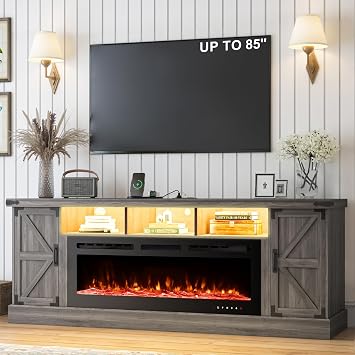 77" Fireplace TV Stand for 85 Inch TV, 50 Electric Fireplace, Power Outlet, LED Farmhouse Media Entertainment Center Console Table for Living Room, Grey