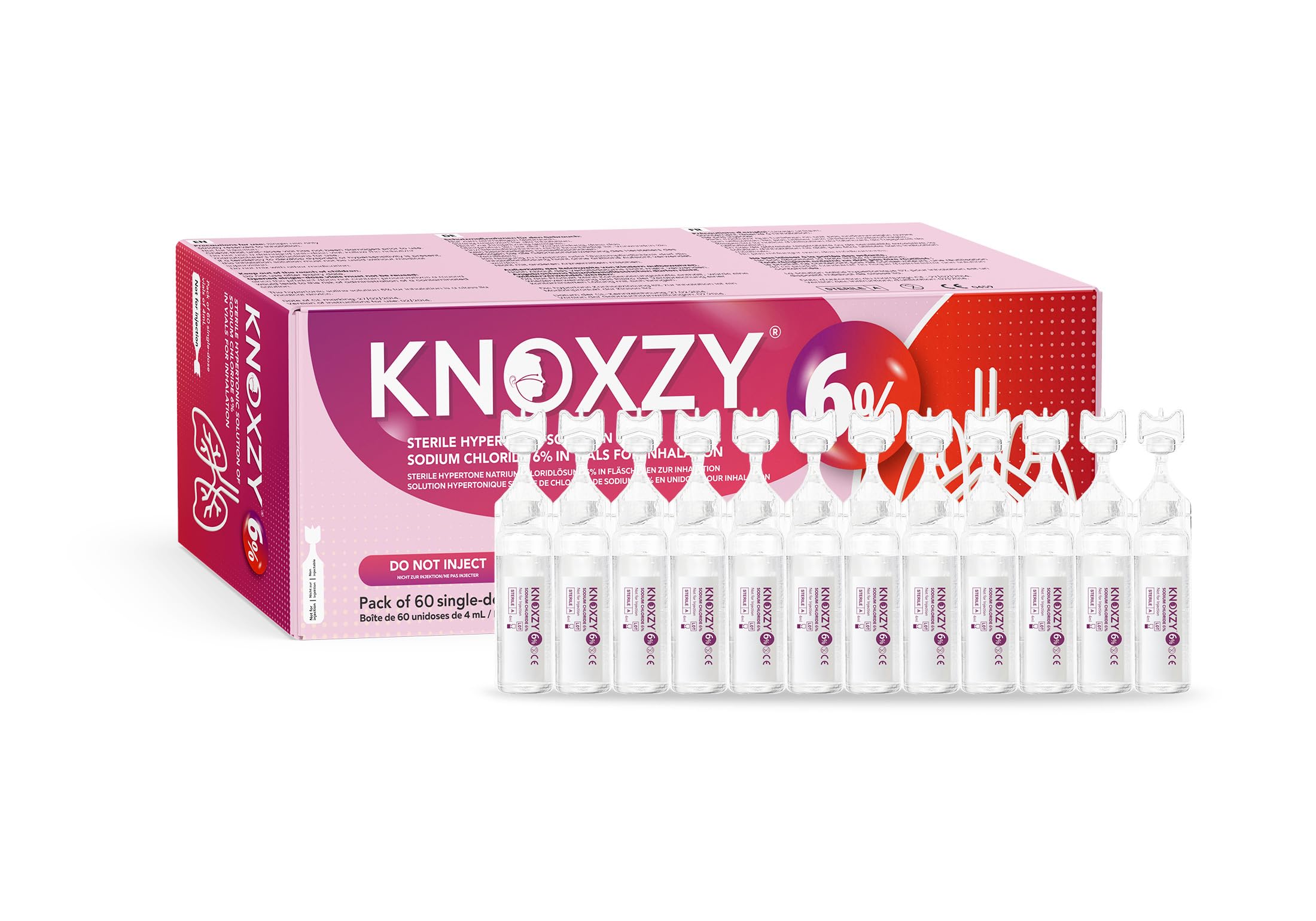 KNOXZY Hypertone Kochsalzlösung zur Inhalation 6%. Inhalationslösung für Erwachsene und Kinder. Die Box enthält 60 Einzeldosis-Ampullen à 4 ml.