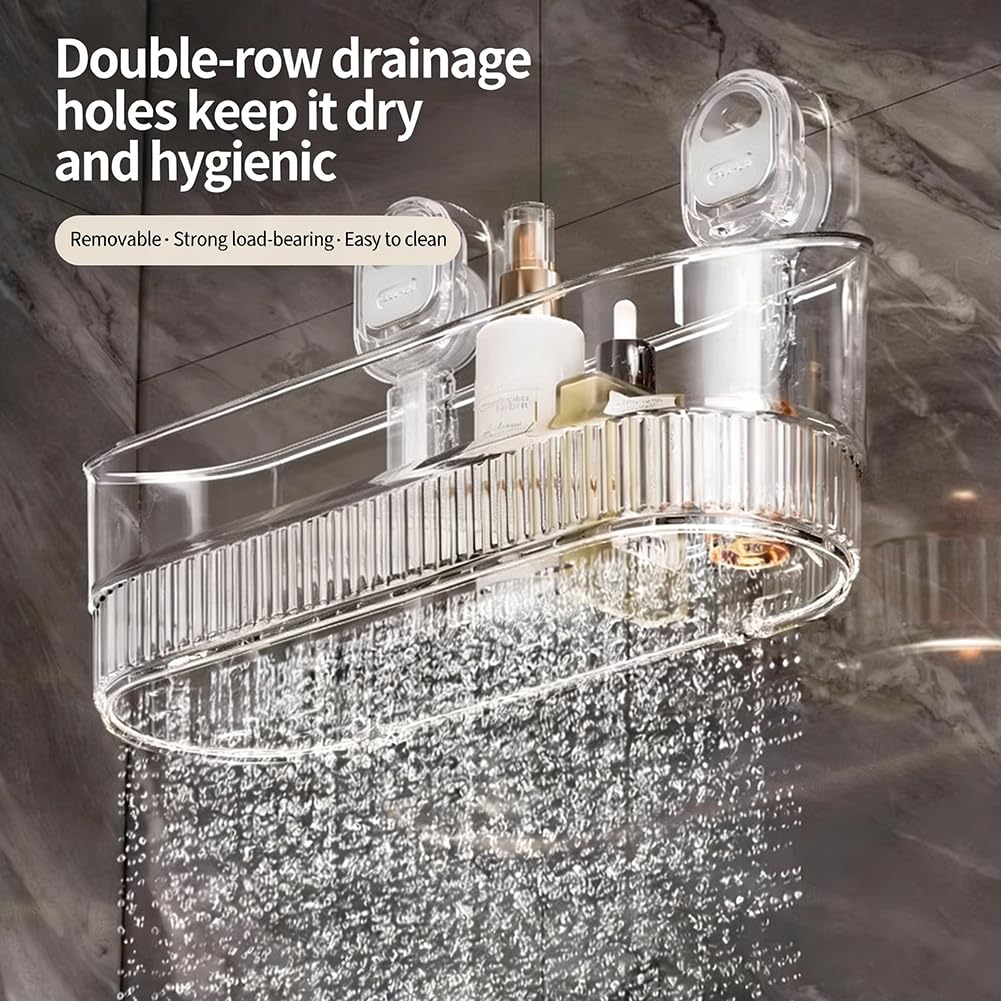 No-Drill Bathroom Suction Storage Box Large Capacity & Strong Load-Bearing, 2026 New Bathroom Shelf No Drill with Suction Cups, Removable No Drills Shower Caddy for Kitchen & Bathrooms (Transparent*2)