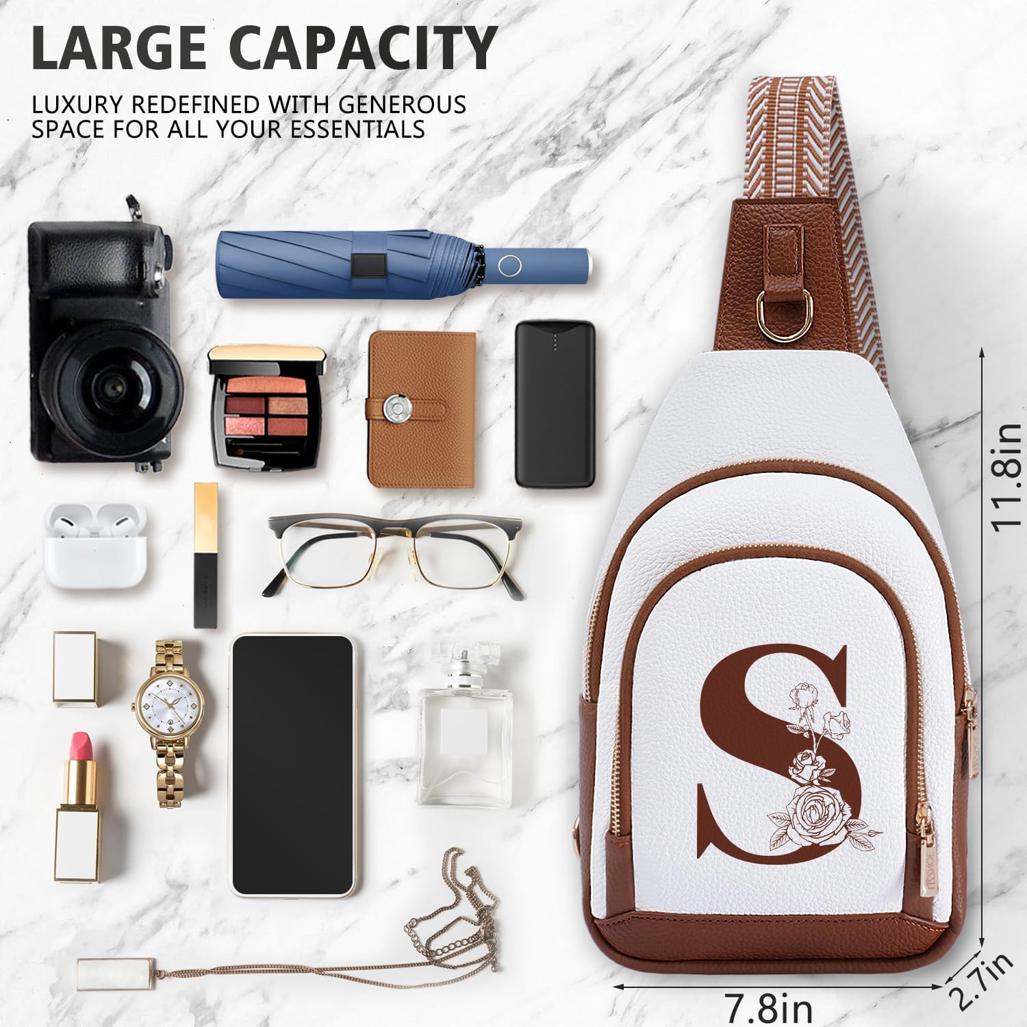 Personalized Crossbody Bag for Women Leather Sling Bags with Initial Letter Pack Chest Bag for Travel, Gift for Wife Mom