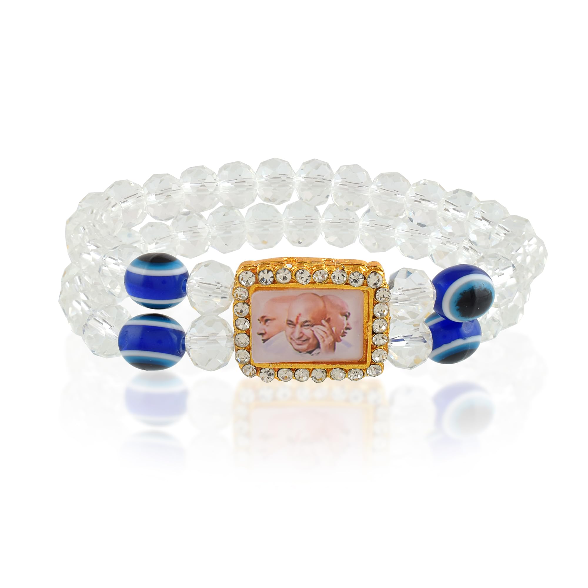 MemoirBrass Gold CZ studded White Crystal with Evil eye beads double strand imitation picture Guruji Bracelet hindu spiritual Men Women (BLRM6700)