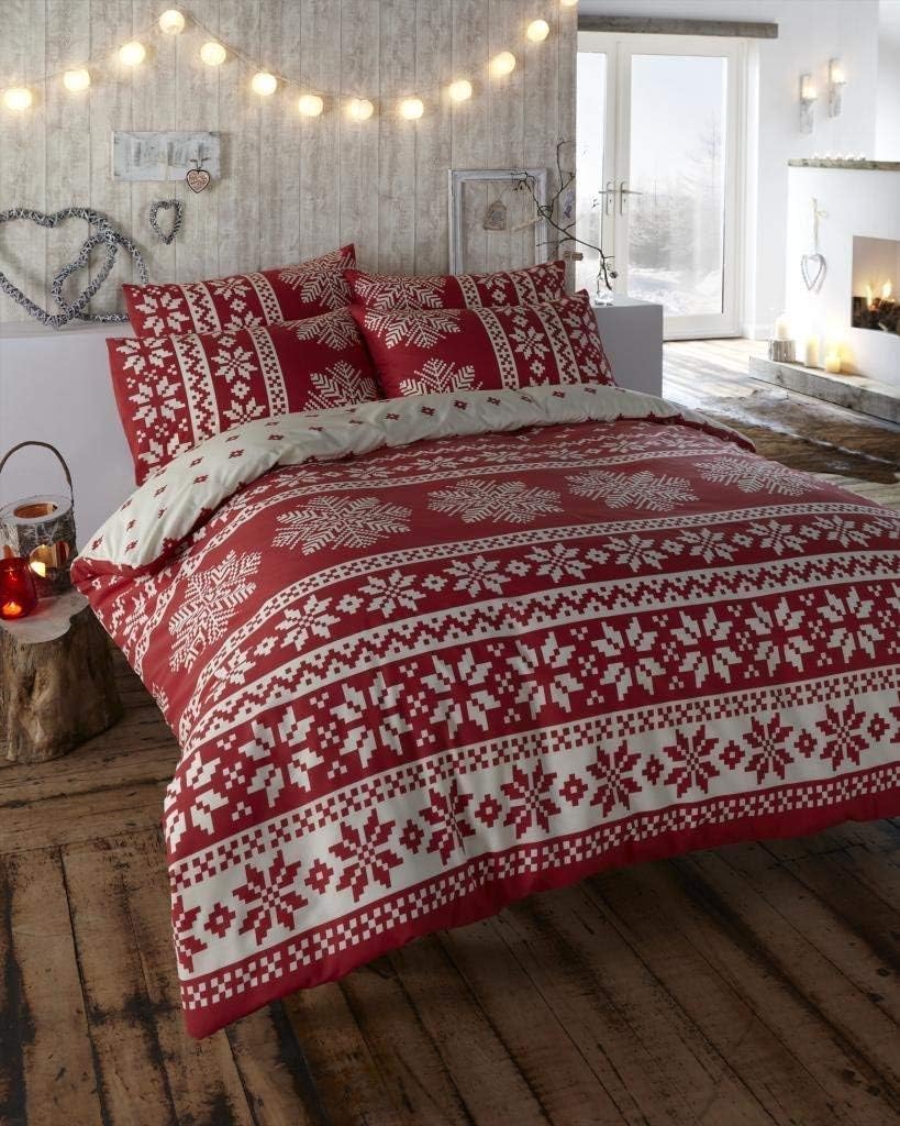 Innsbruck Flannelette Scandinavian Red Single Quilt Duvet Cover and Pillowcase Brushed Cotton Bedding Bed Set