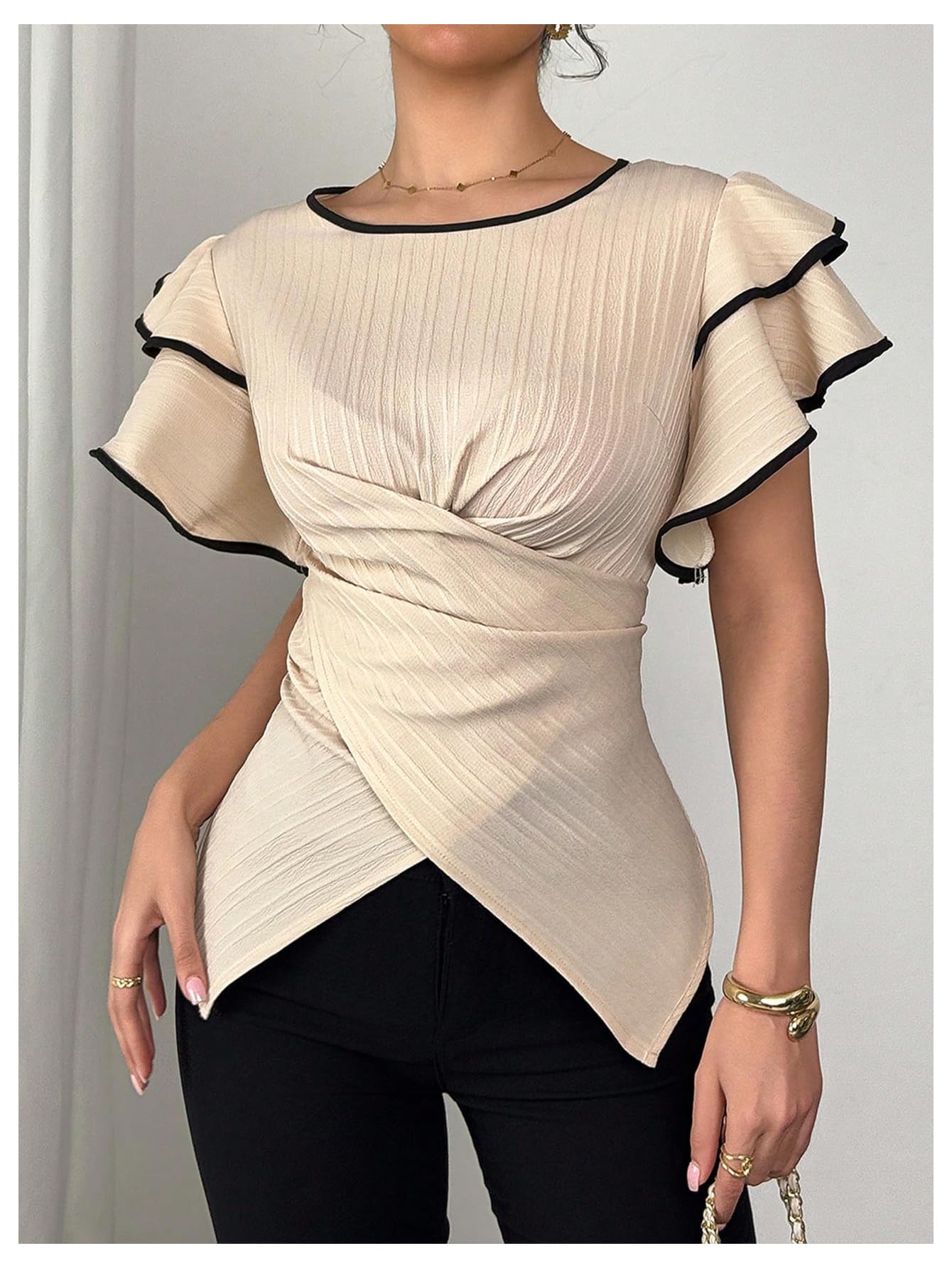 SOLY HUX Women's Summer Wrap Tie Back Blouse Ruffle Short Sleeve Crewneck Casual Going Out Tops