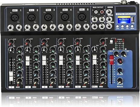 Professional Audio Mixer 7 Channel DJ Mixer Sound Board Console Stereo Sound Mixer, Bluetooth USB Computer MP3 Input 48V Phantom Power for DJ Recording Studio Home Karaoke