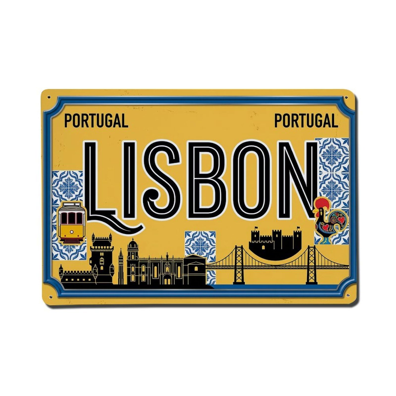 Cwbufd 8X12inch(20X30cm) Vintage Travel Lisbon Portugal Tram Castle Metal Tin Sign Plaque Wall Decor For Cafe, Club Bar, Office, Garden Metal Poster 8X12inch