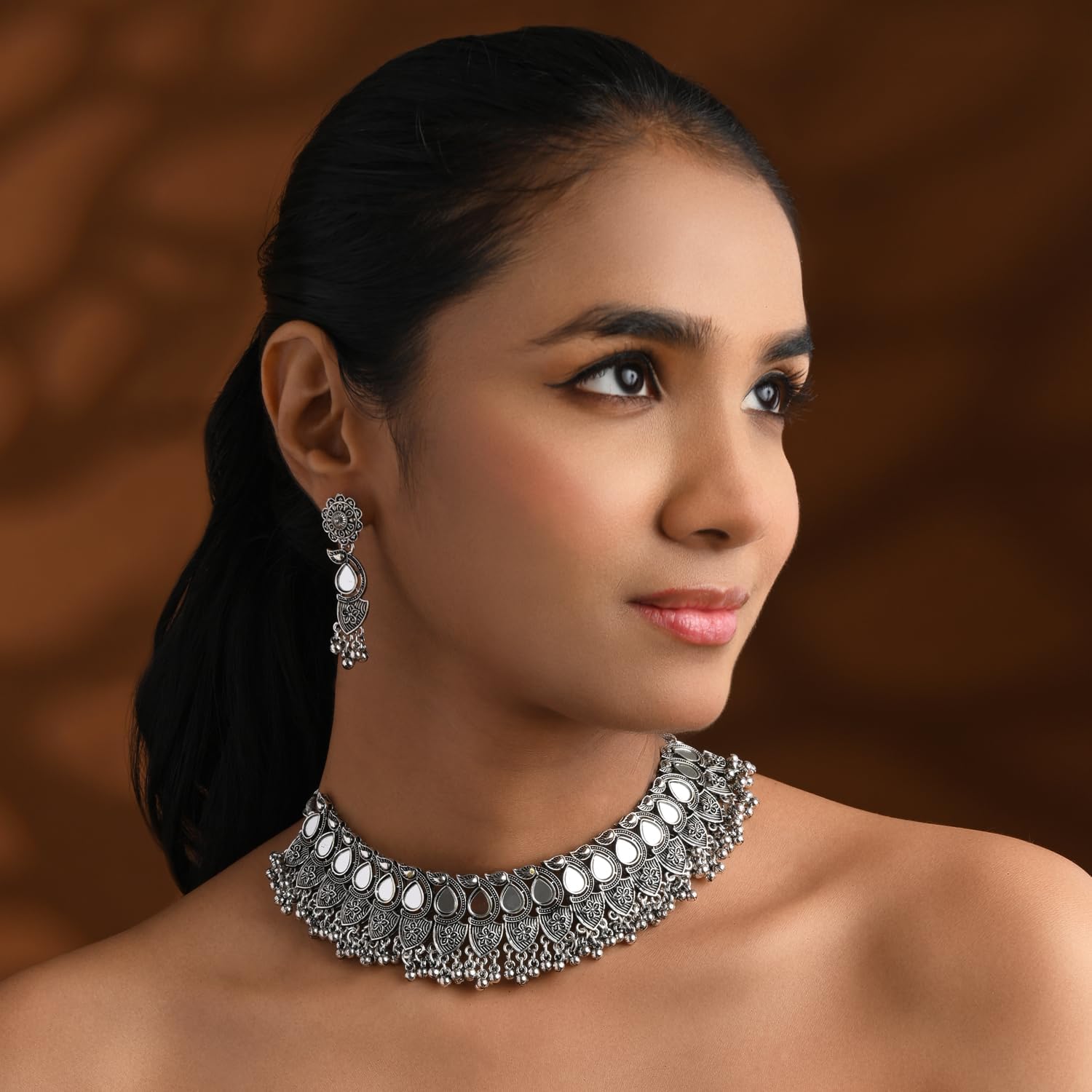 I Jewels Indian Wedding Bollywood Silver Oxidised Afghani Mirror Work Ghungroo Choker Necklace Jewellery Set For Women