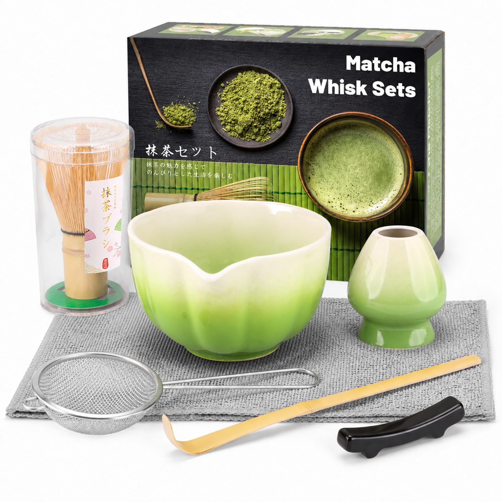 7-Piece Gradient Green Speckled Matcha Set - Natural Bamboo Whisk & Ceramic Chawan, Complete Matcha Making Kit with Strainer, Holder & Tea Towel– Designed for Matcha Lovers — image 1