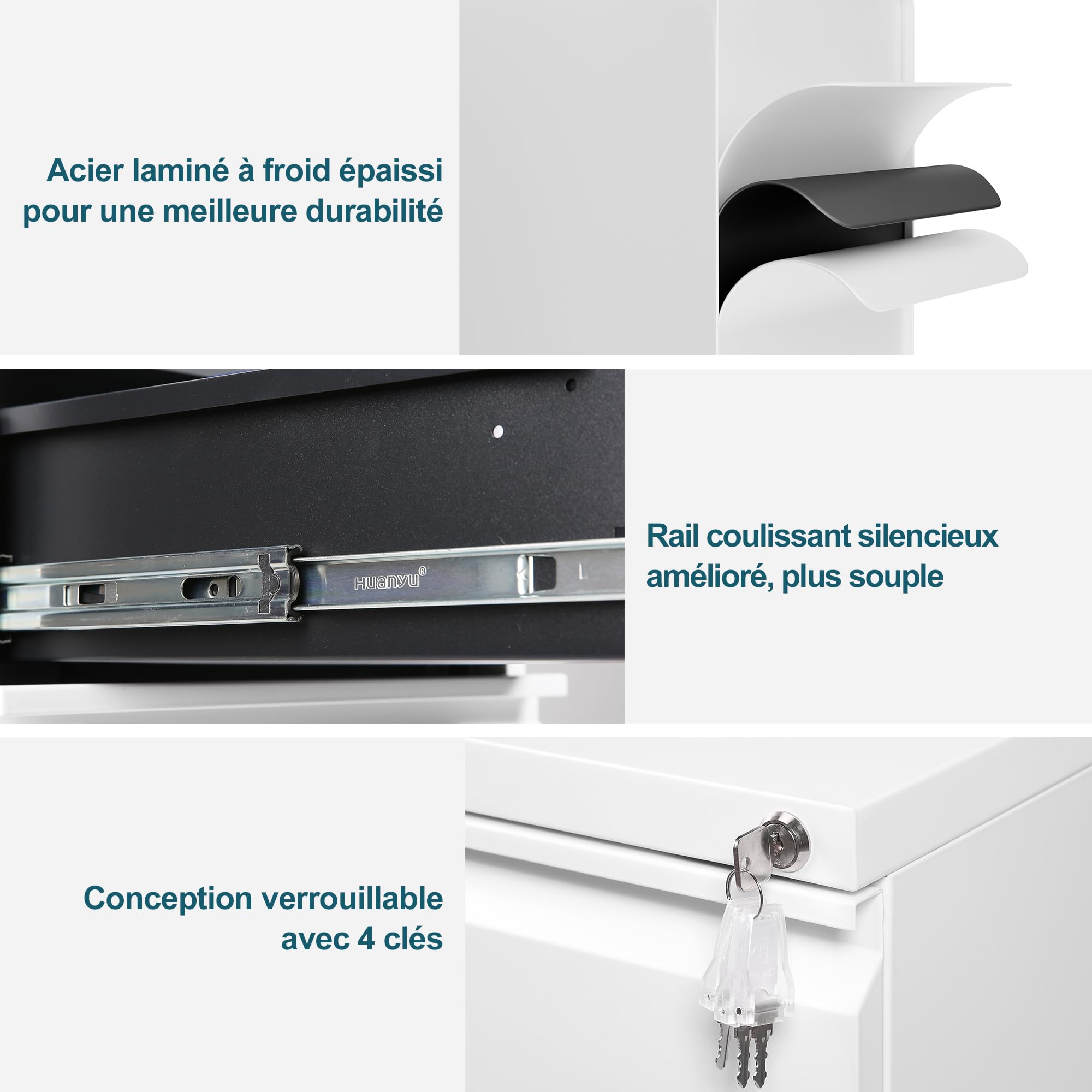 Caisson de Bureau Metal, avec roulettes et Serrure, Caisson de Rangement Mobile, Meubles de Bureau, avec 4 Tiroirs, Entièrement Assemblé