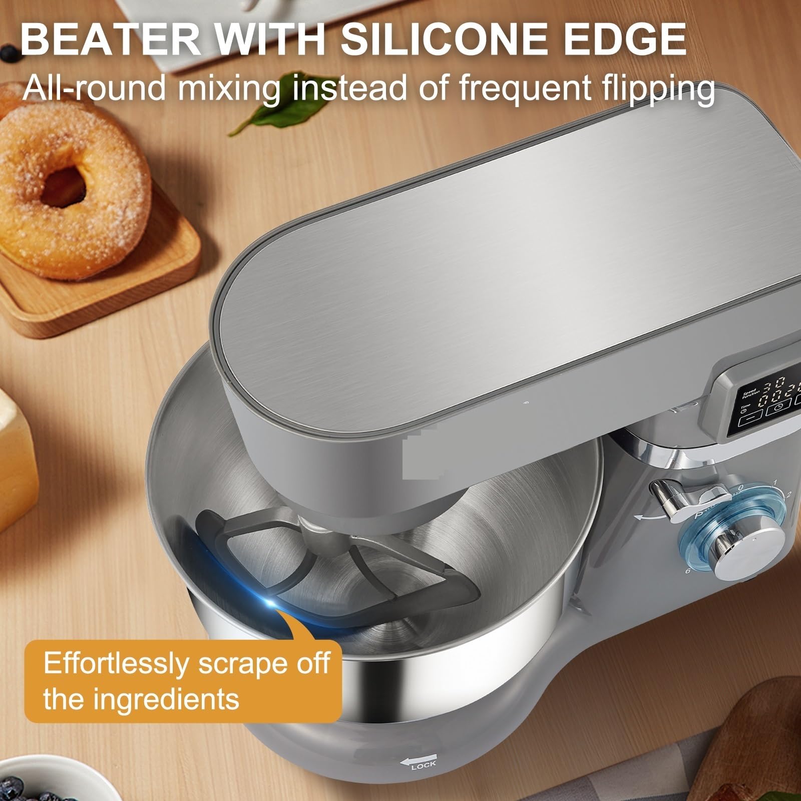 Batteur sur Socle électrique 5.5/7L avec 6 Vitesses écran LCD minuterie mélangeur Alimentaire crème Oeuf Fouet Fouet pétrin avec Bol en Acier (Color : 7L 450W, Size : 1 UK)
