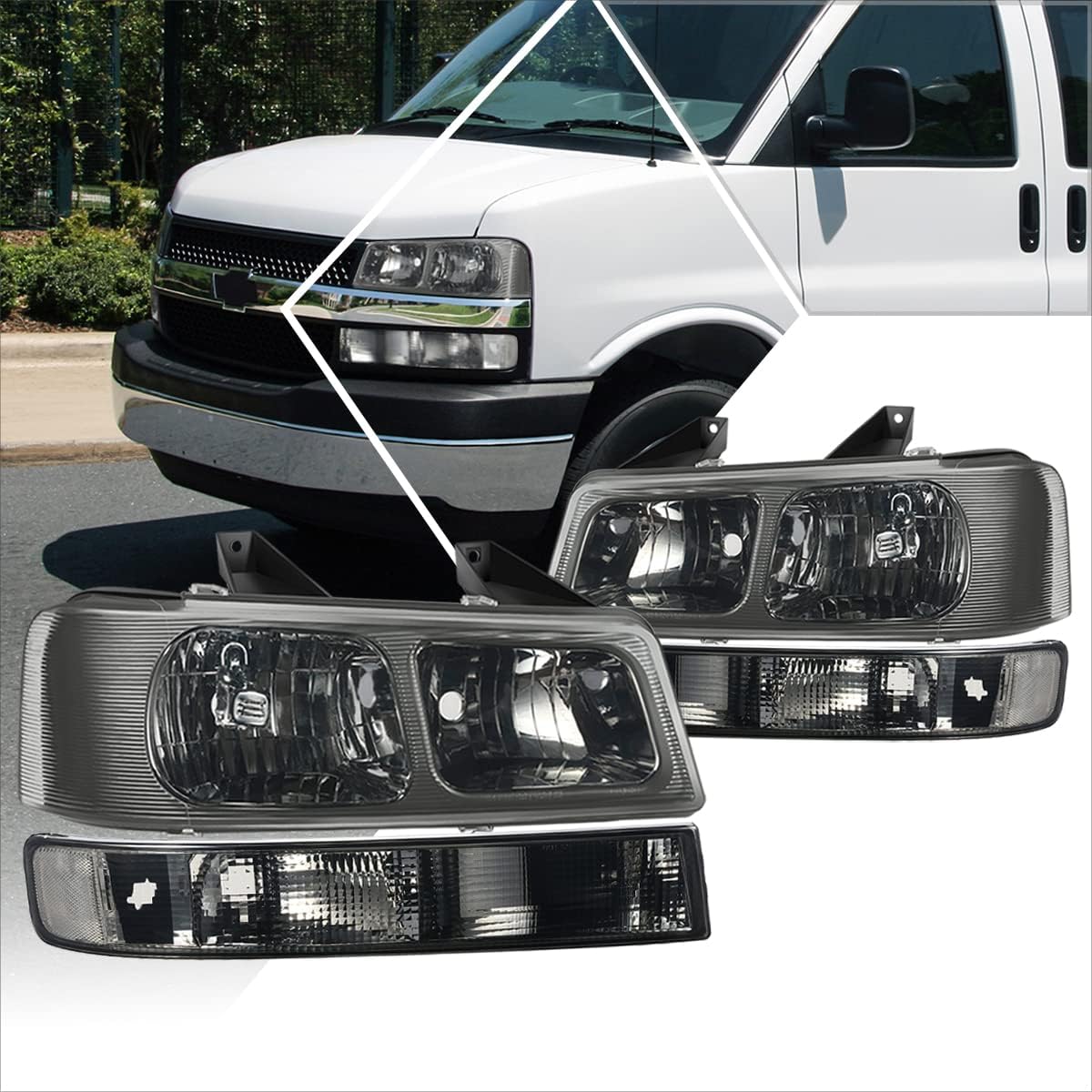 PM PERFORMOTOR Headlights Assembly+Bumper Lamps Compatible with 03-24 Chevy Express/GMC Savana,Black Housing/Clear Corner
