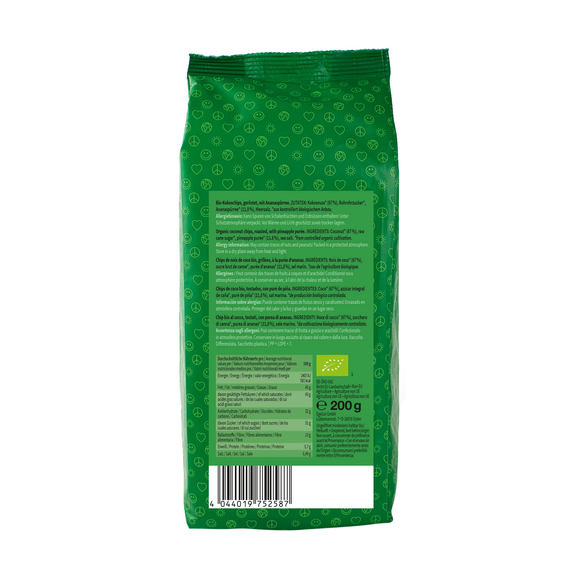 Mundo Feliz Chips de Coco Ecológicos, Tostados y Aromatizados con Exquisita Piña, 3 x 200 g