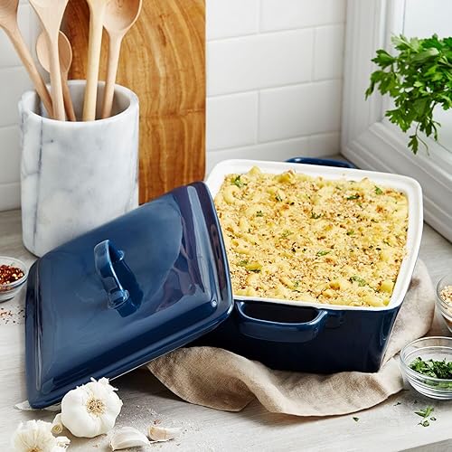 Miniatura 5 de Sur La Table Cazuela rectangular de gres con tapa, 4 cuartos de galón, color blanco