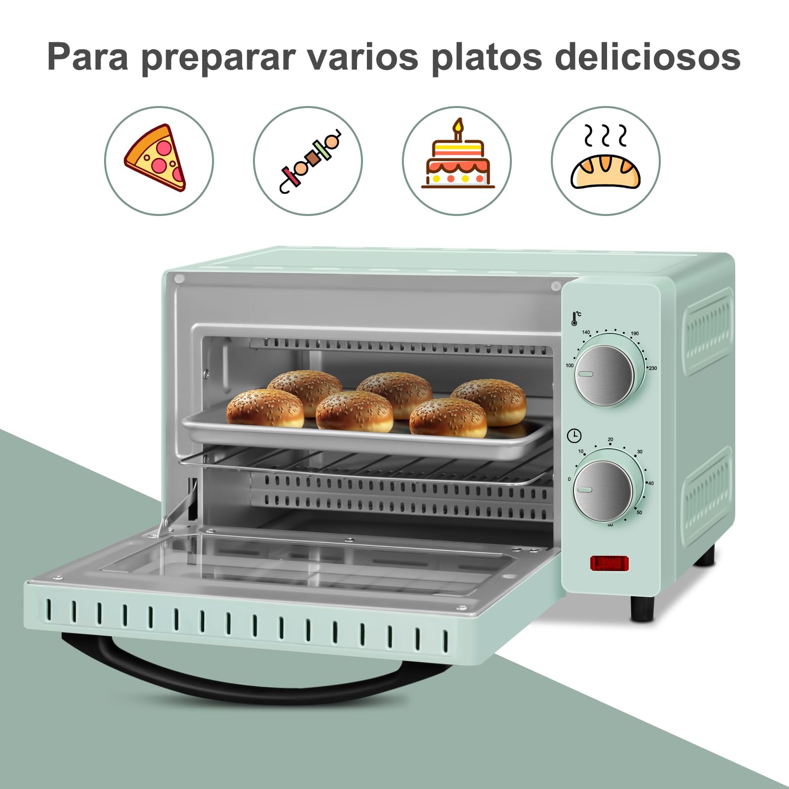 WANNYTON Mini Horno de Sobremesa 10L, 650W, Horno Electrico Tostador con Temporizador Regulable a 60 Min, Temperatura 100-230℃, con Bandeja, Parrilla y Pinzas