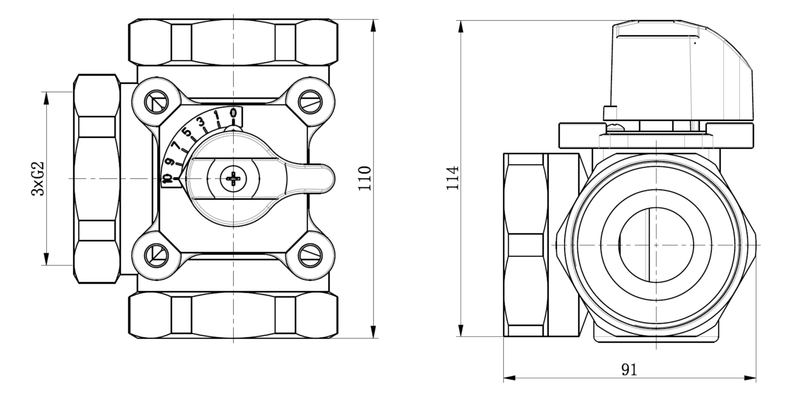 Vanne Mélangeuse Trois Voies 1 Pouce Pour Chauffage - Laiton, Réglage Température, Max 110°C