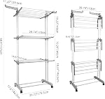 SortWise 4-Tier Rack de séchage pliable avec 2 Ailes latérales & Roues - Sac à linge en métal en acier pour intérieur/extérieur (28,74"x19,49"x67,72")