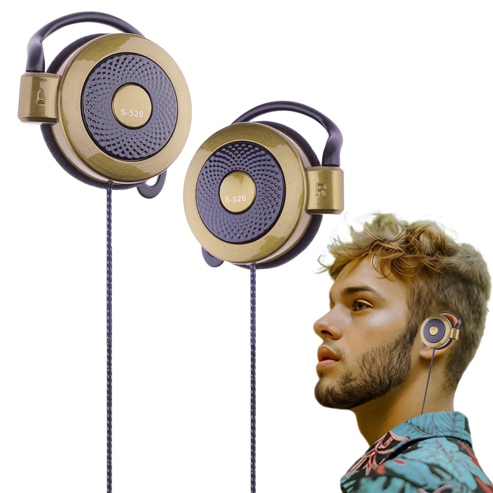 Clip On Earphones Wired, 3.5mm Earphones Over Ear Game Stereo Earphones, MP4 and Ear Buds with Ear Hook for Exercise Jogging Hiking Climbing Camping