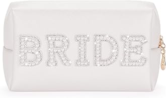 Etercycle Bride Letter Makeup Bag, Bride To Be Gifts Bling Pearl Rhinestone Patch Cosmetic Bag, Waterproof PU Travel Toiletry Bag for Bachelorette Party Women Wedding Bridal (Silver)