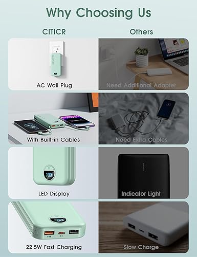 Miniatura 3 de Banco de energía portátil, cargador de teléfono de 12000 mAh 22.5 W con cables integrados y enchufe de pared, banco de batería de carga rápida USB C