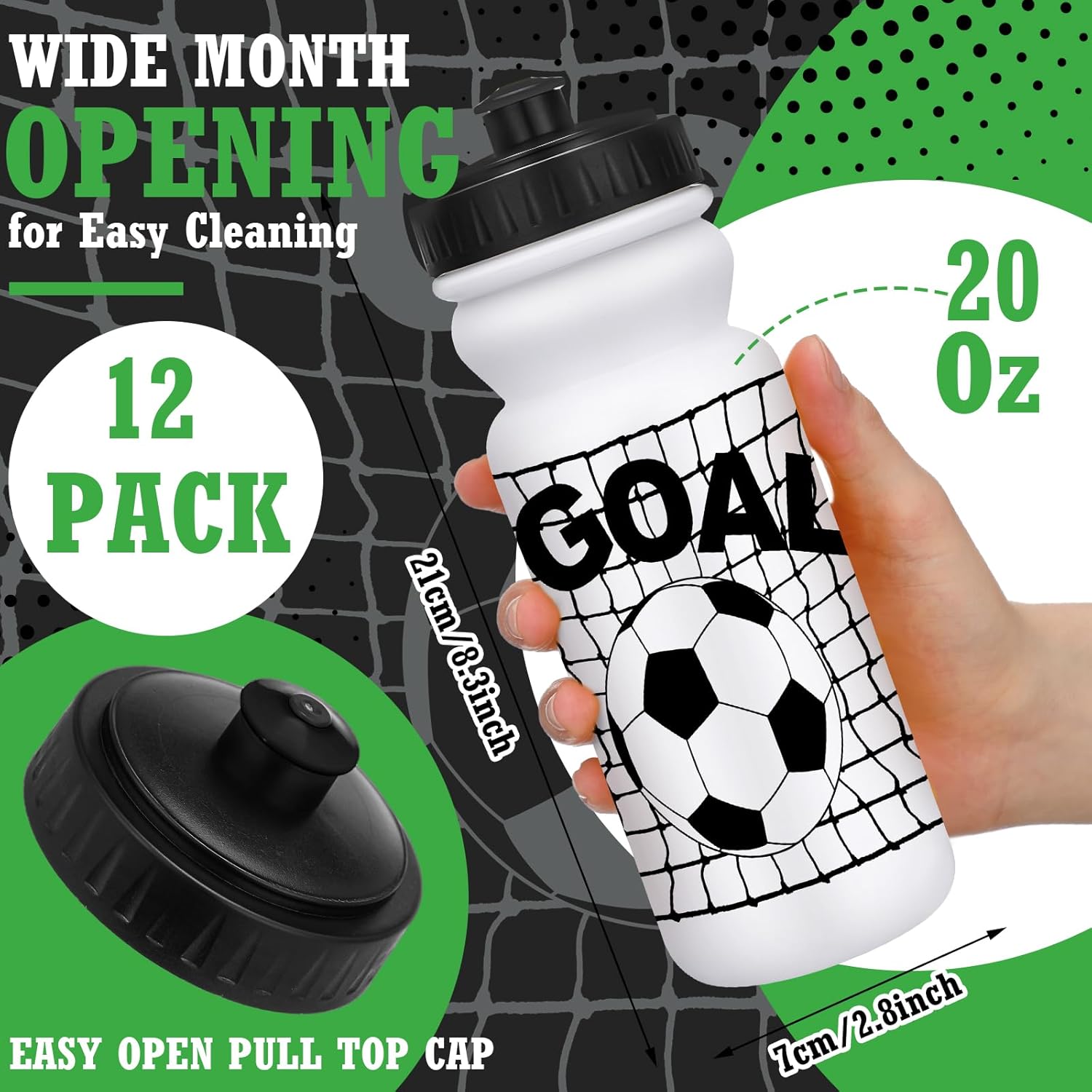 Nitial 12 Pack Water Bottles Bulk 20 oz Reusable Squeeze Water Bottles Plastic Sports Bottle with Pull Top Cap Sports Gifts Tumbler for Travel Gym Sport Party Supplies(White,Soccer Goal) - Image 2