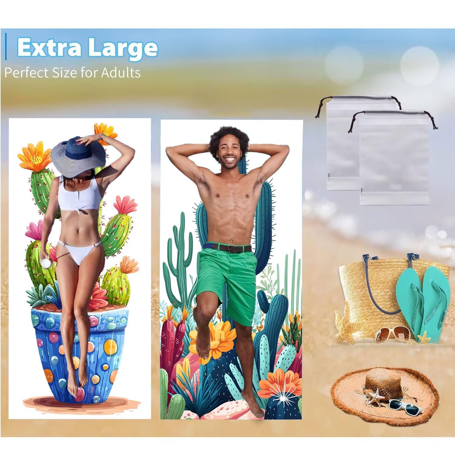 Ręcznik plażowy xxl, 2 szt. Cactus Ręcznik z mikrofibry 90 x 200 cm, duży, lekki i szybkoschnący ręcznik plażowy nadaje się do uprawiania sportu, sauny, dla mężczyzn, kobiet, akcesoria plażowe n-955