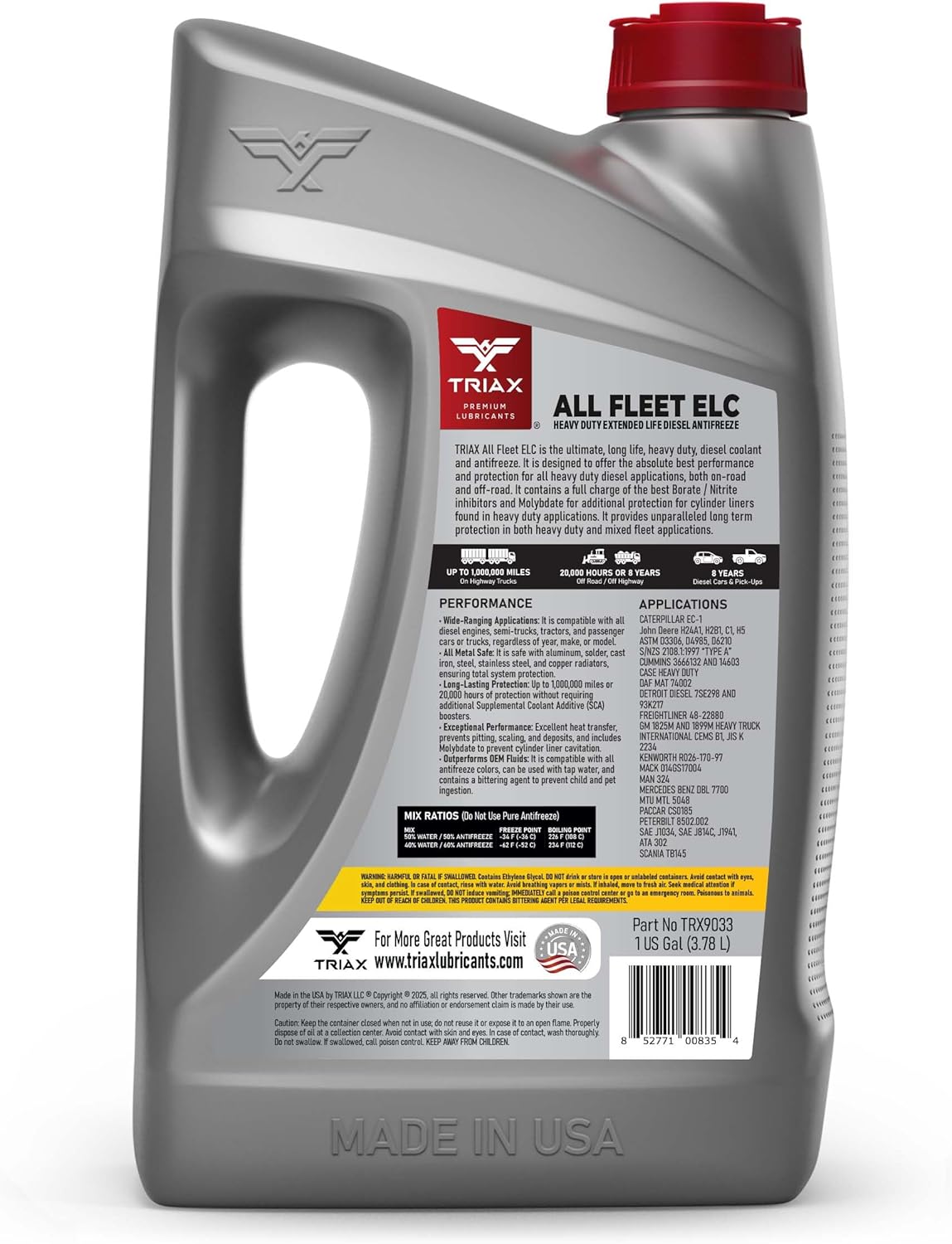 Triax All Fleet ELC Coolant & Antifreeze, Diesel Extreme HD NOAT, 1 Million Mile, 8 Year, 20,000 HRS, CAT EC-1, Concentrate (1 Gallon)