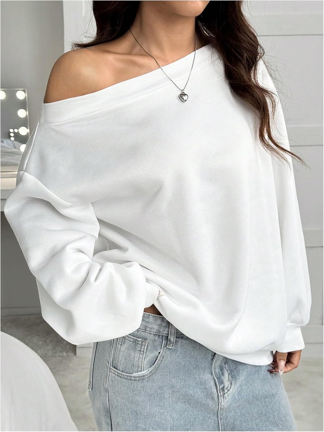 MakeMeChic Women's Off The Shoulder Sweatshirt Tops Long Sleeve Oversized Sweatshirts - Image 4