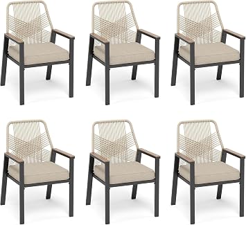 Patio Dining Chairs, Set of 6, PE Rattan, Wrought Iron | Outdoor waterproof cushioned chairs, metal frame, armrests, supports 300 lb. Rust-resistant, all-weather for porch backyard