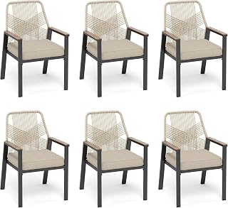 Patio Dining Chairs, Set of 6, PE Rattan, Wrought Iron | Outdoor waterproof cushioned chairs, metal frame, armrests, supports 300 lb. Rust-resistant, all-weather for porch backyard