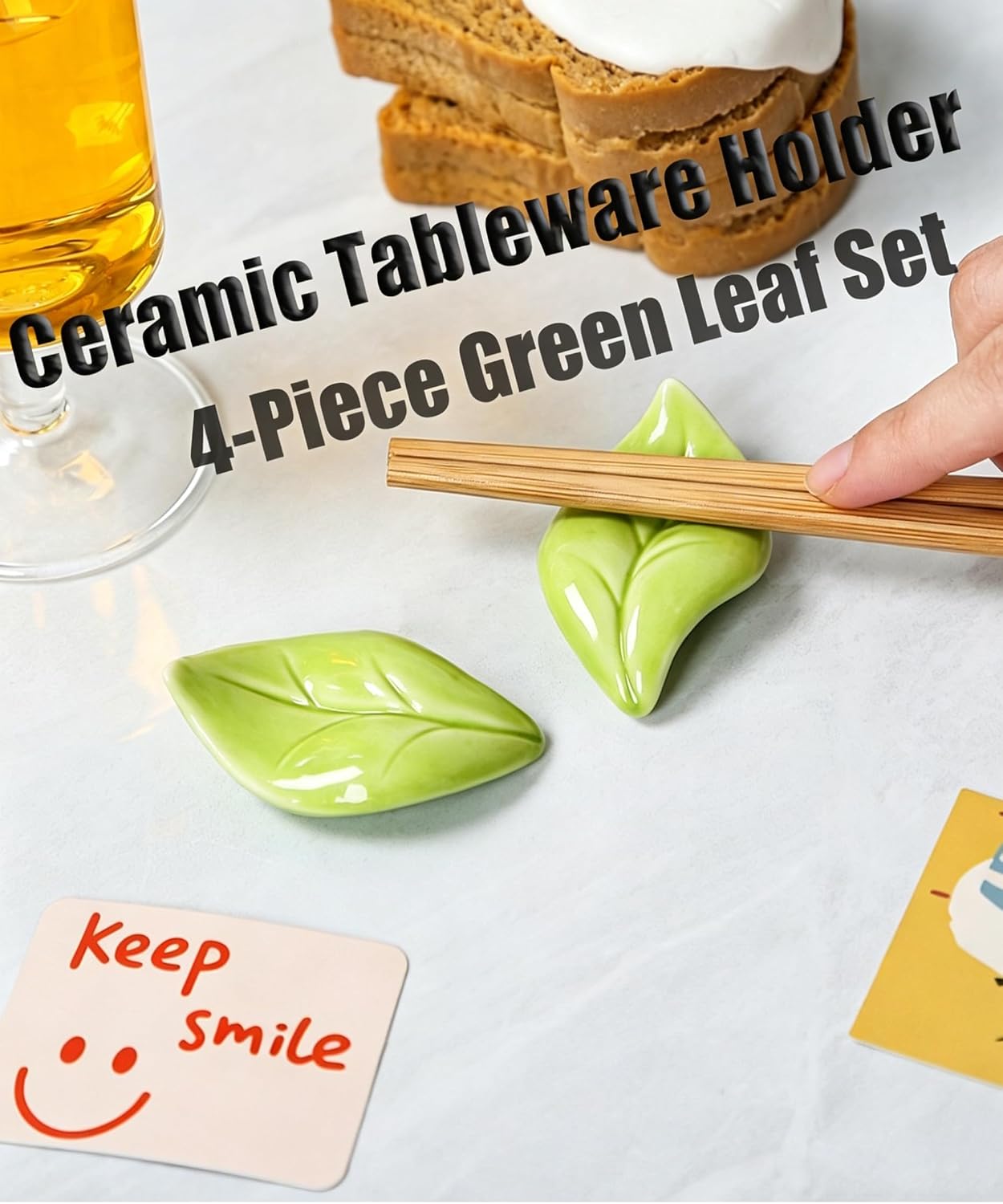 4 Pcs Green Leaf Ceramic Chopstick Rest Set, Leaf Shaped Utensil Holder, Decorative Tabletop Ornaments for Home Decor & Forest Eco Themed Restaurants