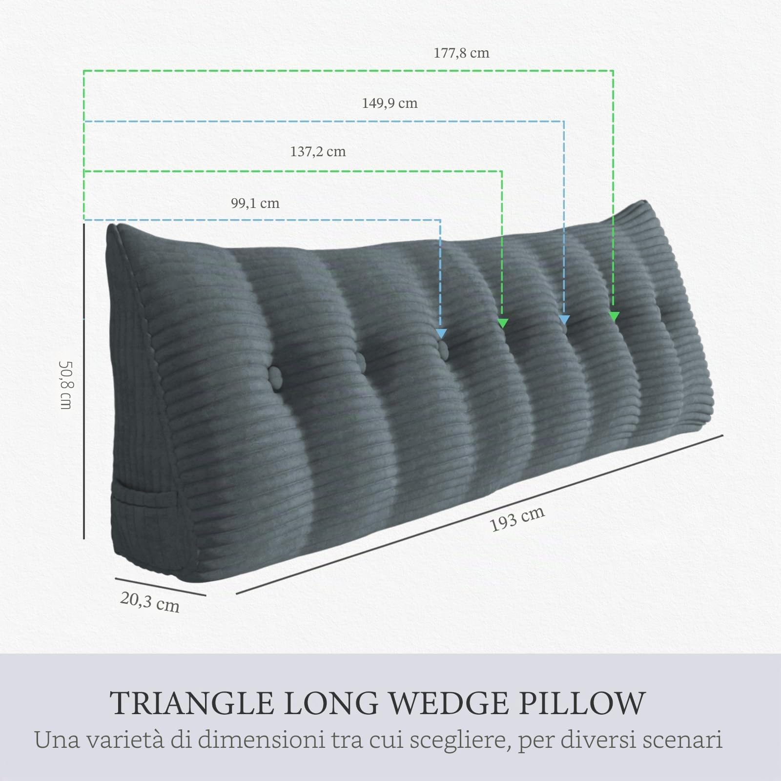 cuscino con cuneo in corduroy - grande cuscino triangolare per testiera per divano letto e riposo, supporto per la lettura, cuscinetto per posizionamento dei piedi (Grigio, 160x50x20cm)