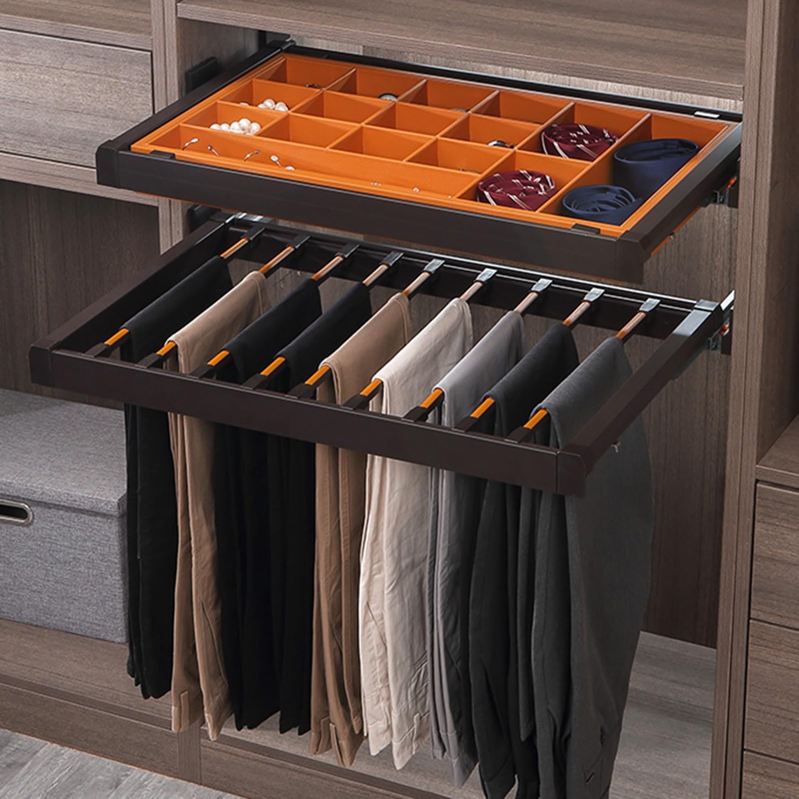 OLSKFUH Pull-Out Trouser Rack Removable Pull-Out Rack Wardrobe Storage Expandable Space Saving Drawer-Style Hanger Rod Rolling Trolley,Retractable Trouser Rack Organizerpullout,Orange-60cm/23.6in