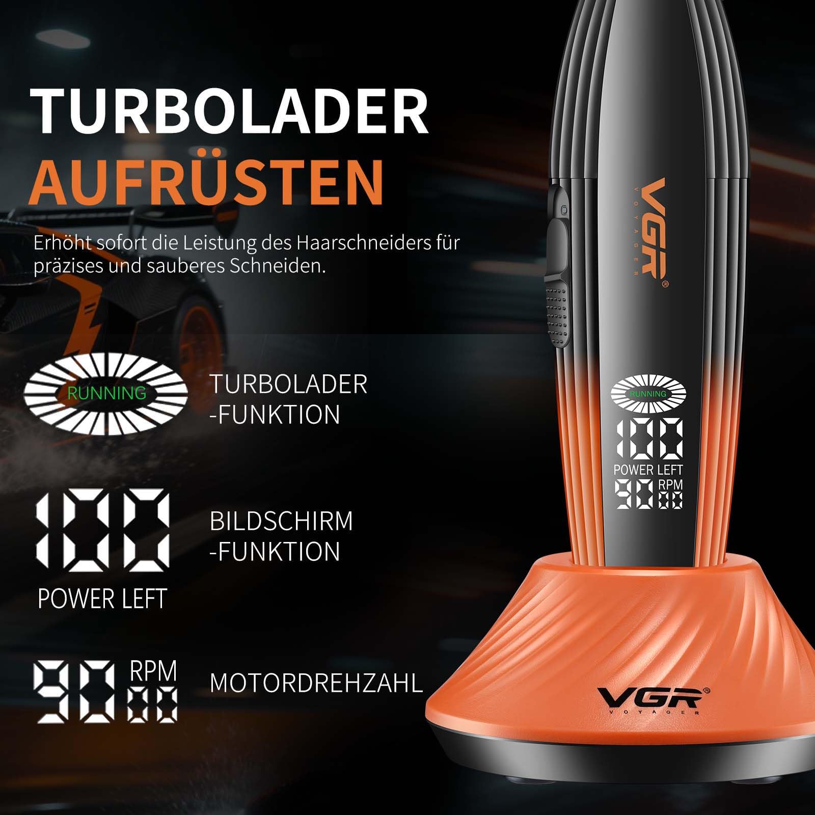 VGR 889T Professionelle Konturen Haarschneidemaschine, Kabelloser Trimmer Herren mit Ladestation, Präzision Haartrimmer Herren mit Turbofunktion, LED Display und USB Aufladung, Orange