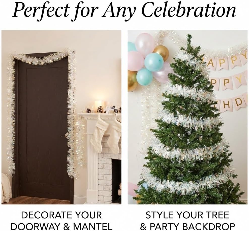 Heyiwell 36Feet Tinsel Garland,Christmas Tinsel Garland for Christmas Weddings Party Walll Home Party Decor,White