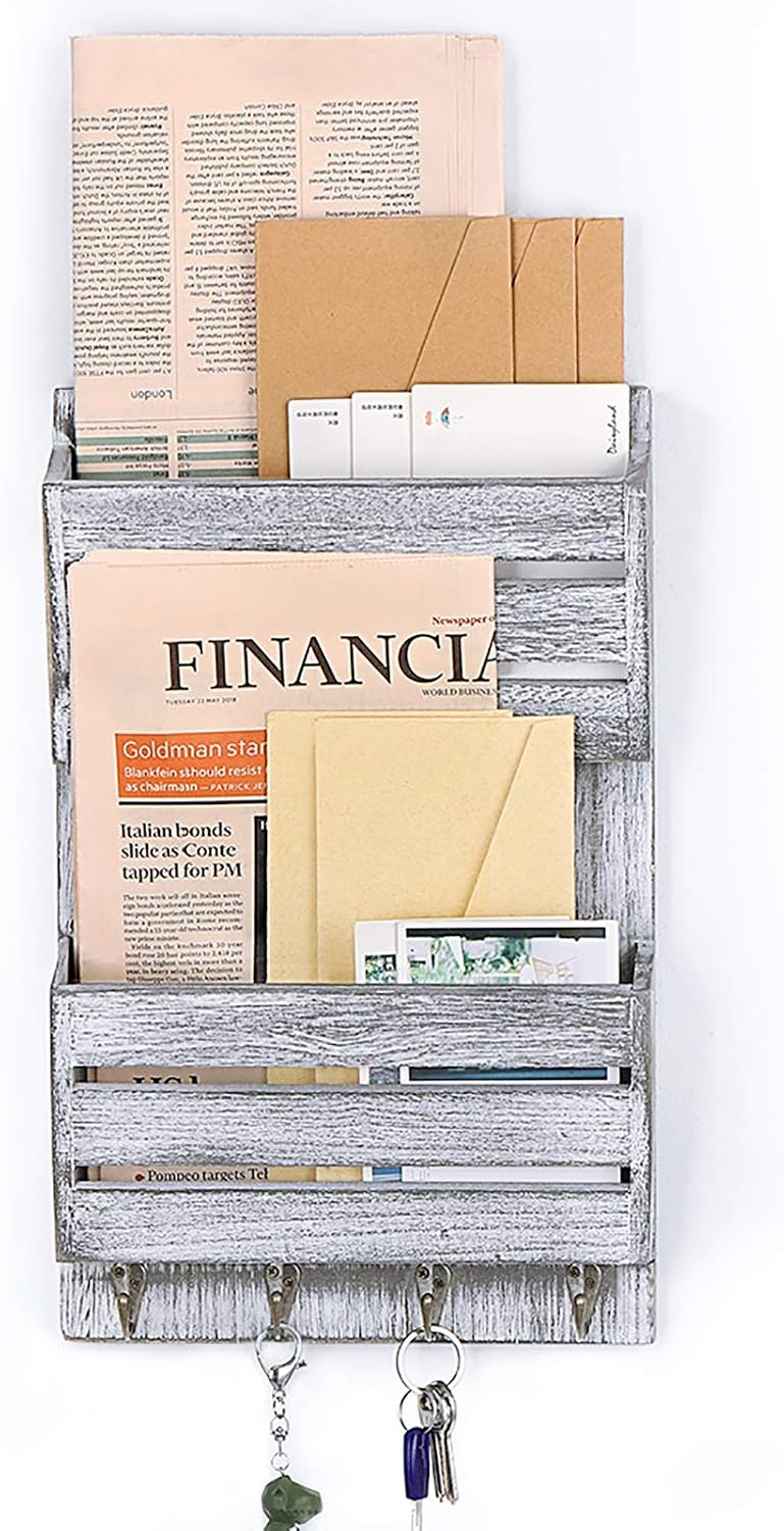 LIANTRAL Mail Sorter Wall Mount, 2-Slot Mail & Key Holder Organizer with 4 Key Hooks(Rustic White-Gray)