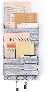 LIANTRAL Mail Sorter Wall Mount, 2-Slot Mail & Key Holder Organizer with 4 Key Hooks(Rustic White-Gray)