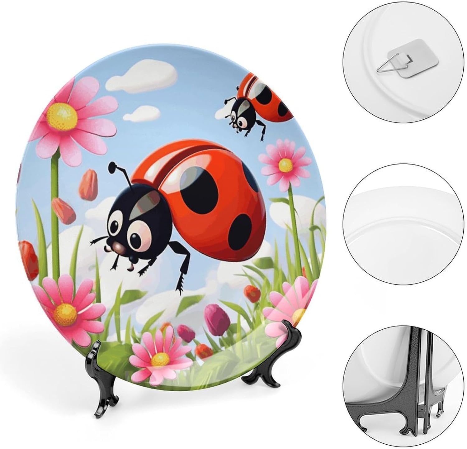 Cartoon Ladybug Flower Bone China Dinner Plates Large 10inch Decorative Plates for Display Ceramic Desert Plate with Display Stand Personalized Porcelain Plate Dish for Kitchen Dining Room 10inch