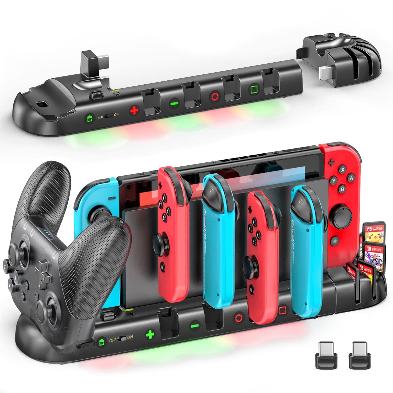 Controller Charger for Switch Original and for OLED Model, Charging Dock Station for Switch Joy-con and for Pro Controller, Charger Dock Stand with 4 Charging Slots and Detachable 8 Game Slots