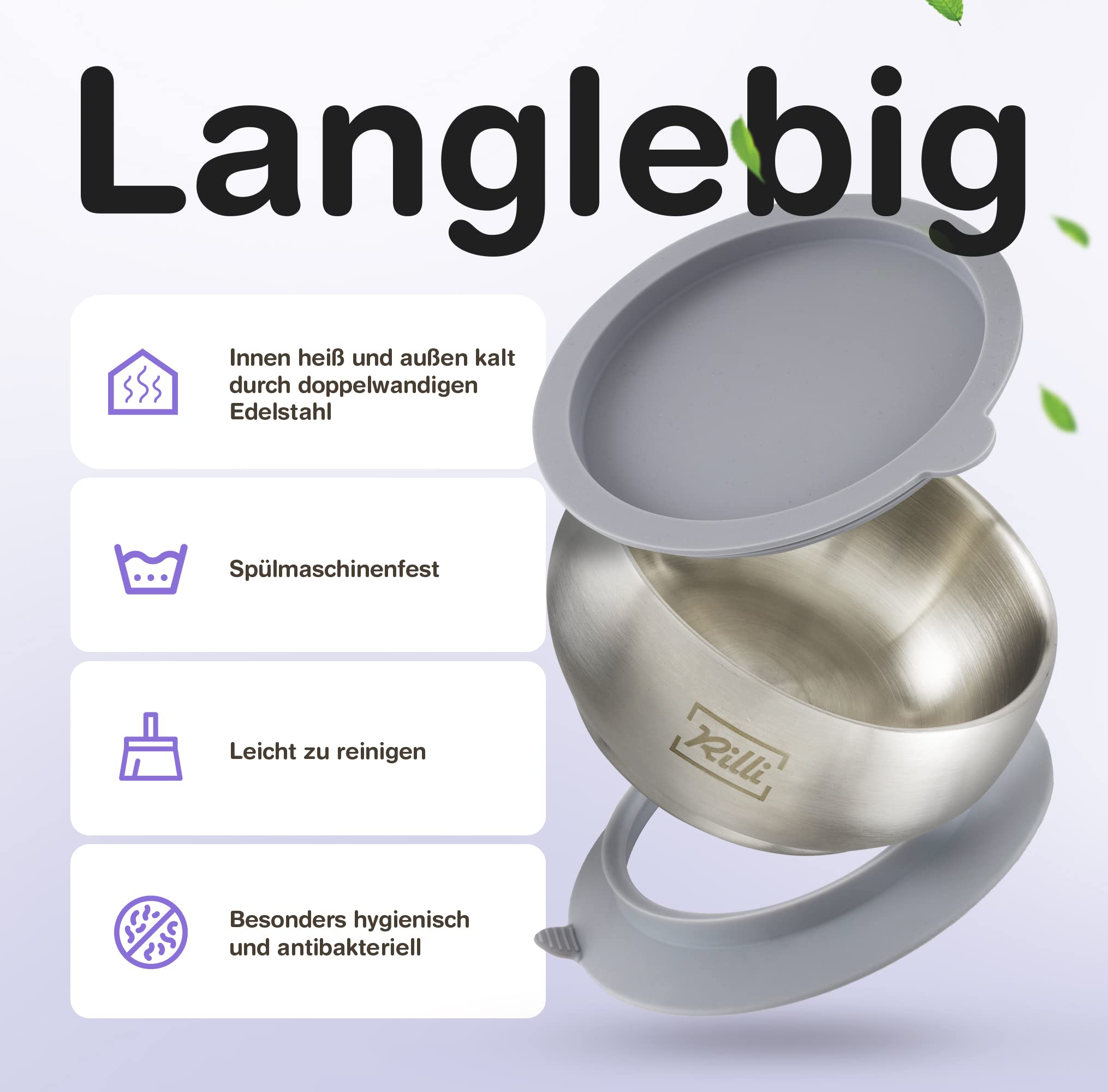 Rilli Bol à ventouse - Bol à fruits ou à largeur - Bol en acier inoxydable avec couvercle en silicone - Harnais antidérapant pour bébé - Ventouse moderne