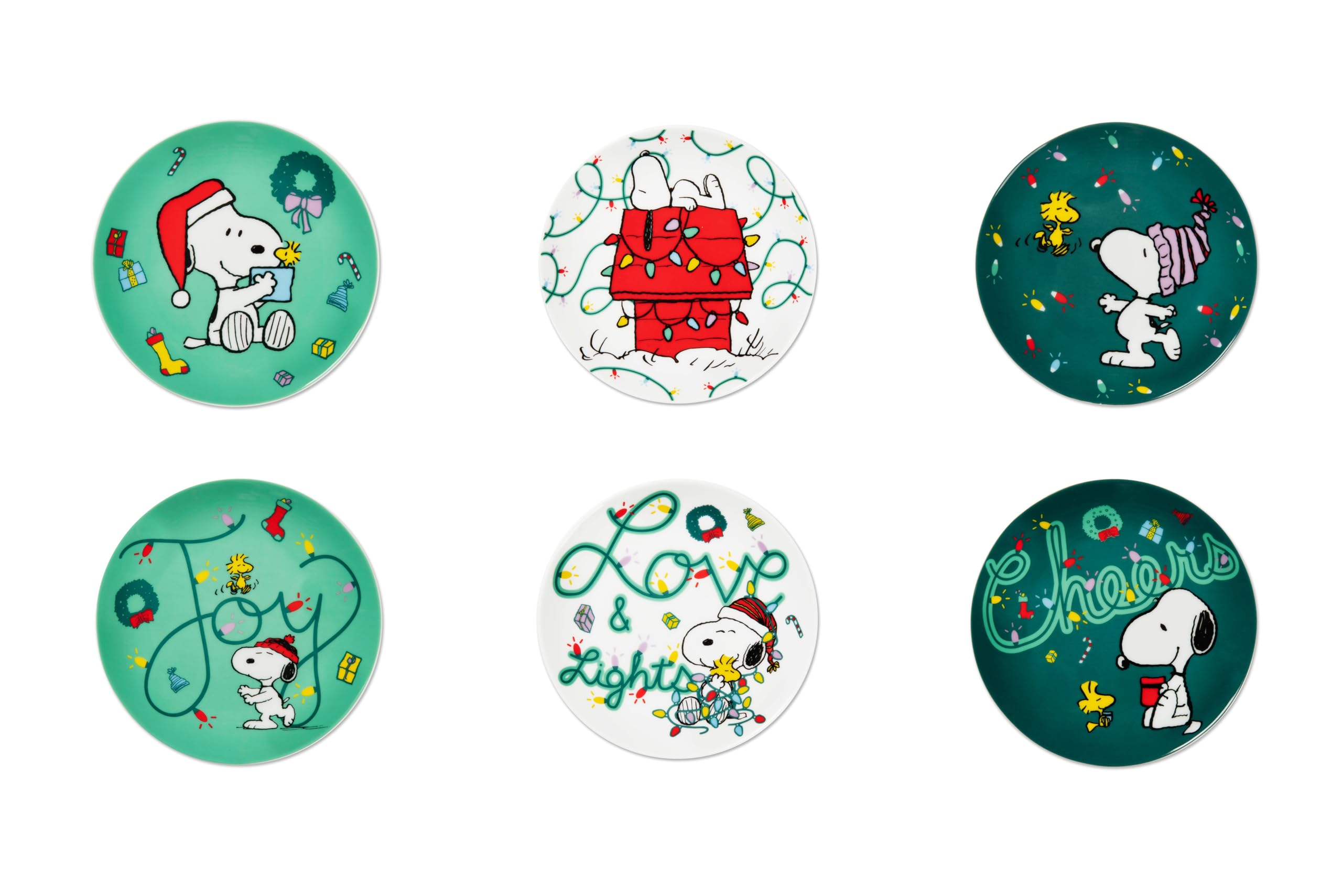Excelsa Peanuts Shiny & Bright Dessert Plates or Appetizers, Set of 6, Porcelain, Green and White, 15 cm, Christmas Collection