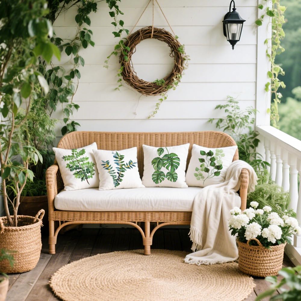 Kissenbezug 45x45 4er Set Outdoor Kissen Leinen, Boho Deko für Deko Wohnzimmer, Garten, Balkon
